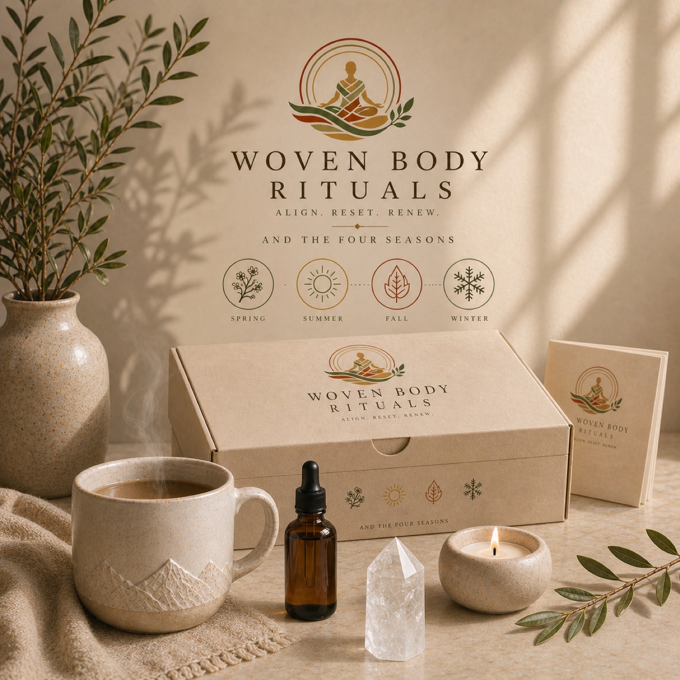 The Woven Body ritual box with tea, oils, a candle and crystal